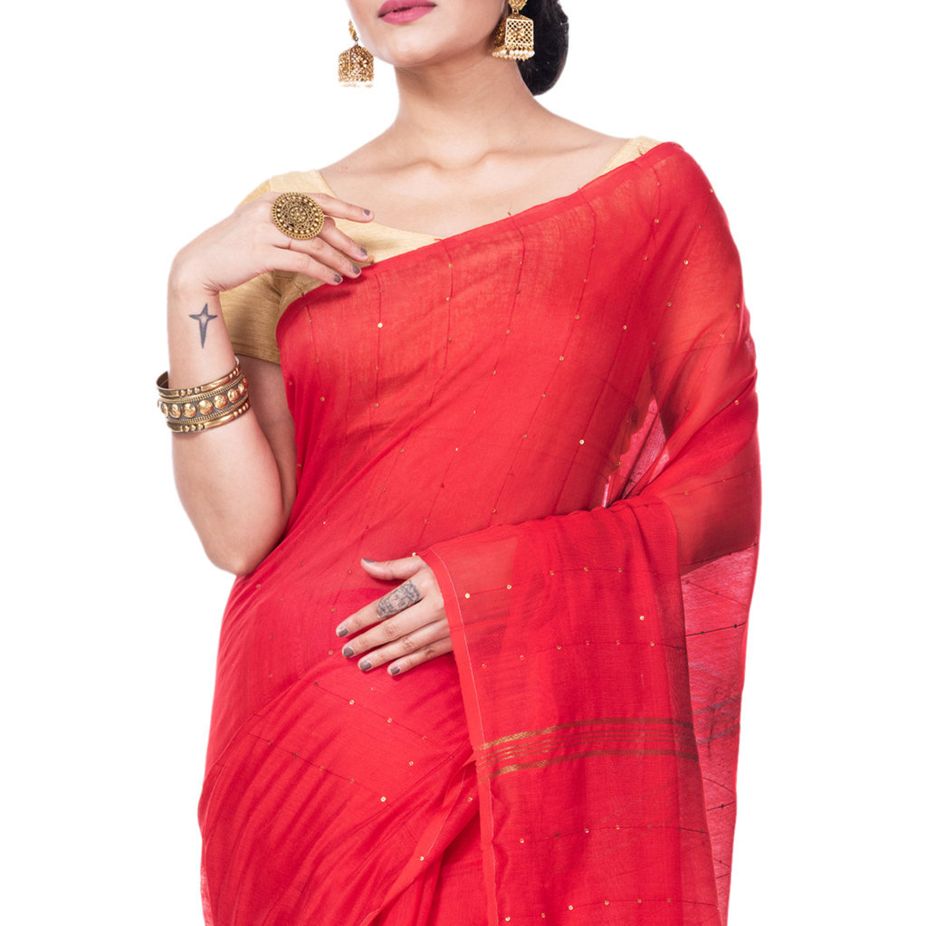 Red Blended Cotton Sequence_Handloom Hand Loom Saree (474)